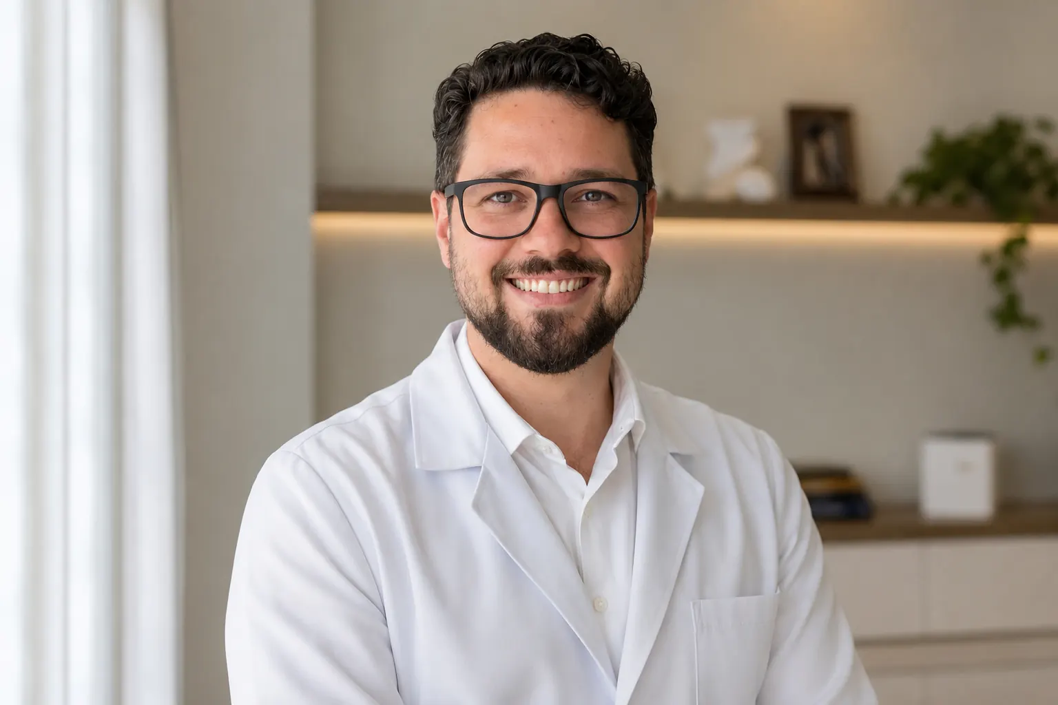 Dr. Alexandre Ziomkowski, urologista, de jaleco em consultório